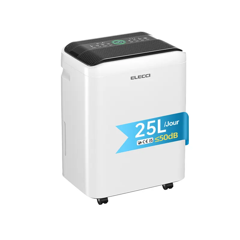 ELECCI Déshumidificateur 25L/j, Réservoir 4.8L, 3 Vitesses, R290, Pour Pièces Jusqu'à 50m², Minuterie 24H, Évacuation Continue