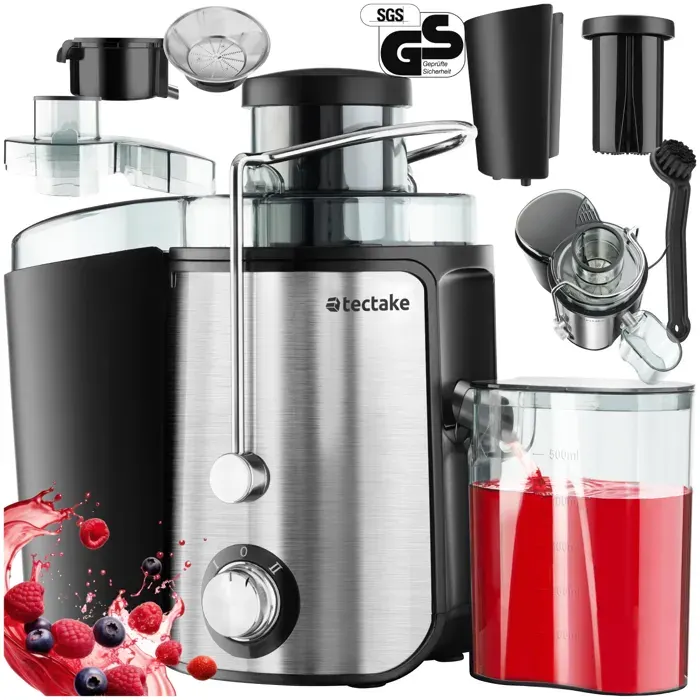 Électroménager - TECTAKE - Extracteur de jus FRUFI en acier inoxydable à 2 vitesses 600 W max 500 ml 18 x 26 x 285 cm - Argent
