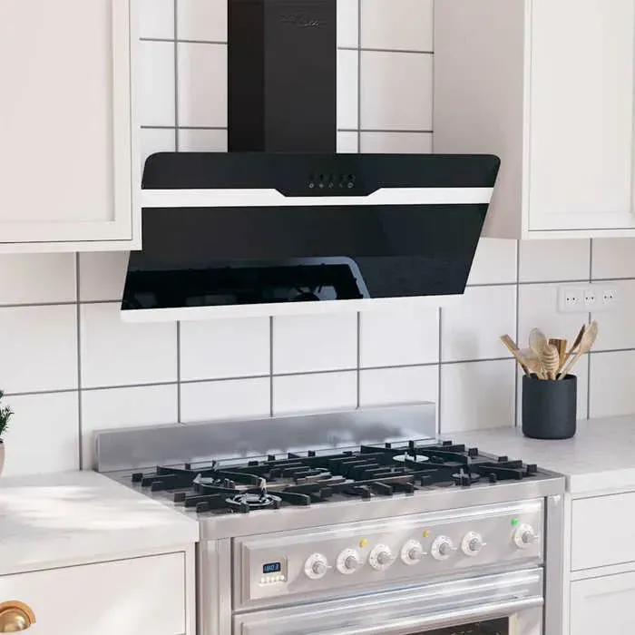 ELORAN Hotte aspirante cuisine - Hotte décorative - Hotte murale - 90 cm - Acier et verre trempé - Noir - 90x33x(635-935) cm 25284