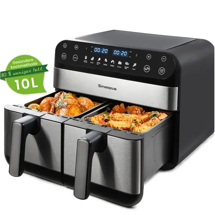 ELVORIN Friteuse à air chaud 10 L double panier dual zone 2400 W écran tactile LED 8 programmes noir