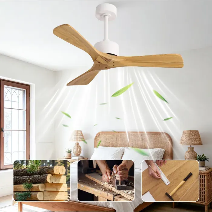 ELVORIN Ventilateur de plafond 42 pouces sans lumière 3 pales en bois télécommande moteur DC réversible blanc et bois naturel