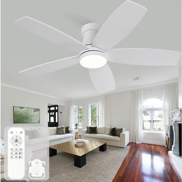 [ELVORIN] Ventilateur de plafond LED 107 x 107 x 29 cm télécommande 3 températures 6 vitesses fonction mémoire blanc bois