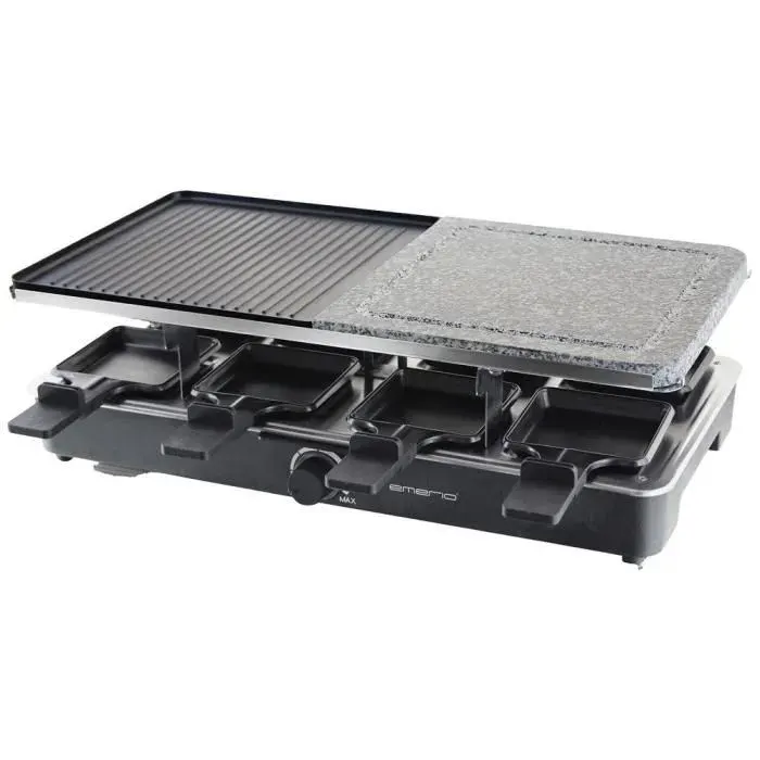 EMERIO RG-110035 Appareil à raclette 8 poêlons avec pierrade noir