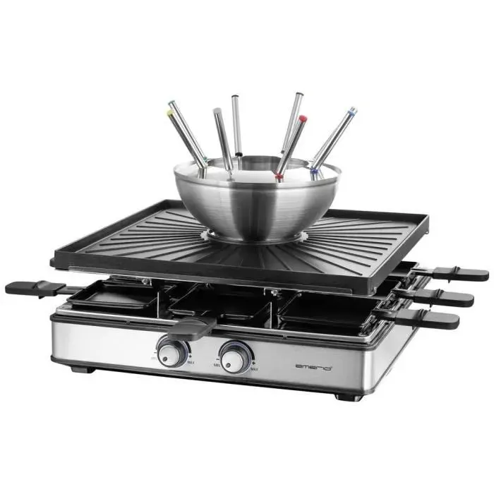 EMERIO RG-128187 Appareil à raclette 8 poêlons 8 fourchettes à fondue noir acier inoxydable