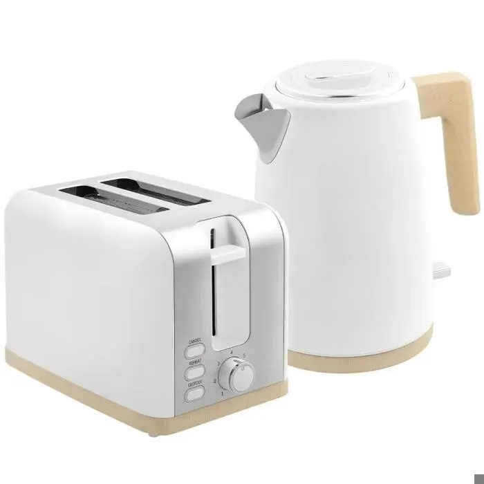 Ensemble Bouilloire 17L 2200W & Grille-Pain 2 Tranches 7 Niveaux de Brunissage - Blanc Mat Effet Bois
