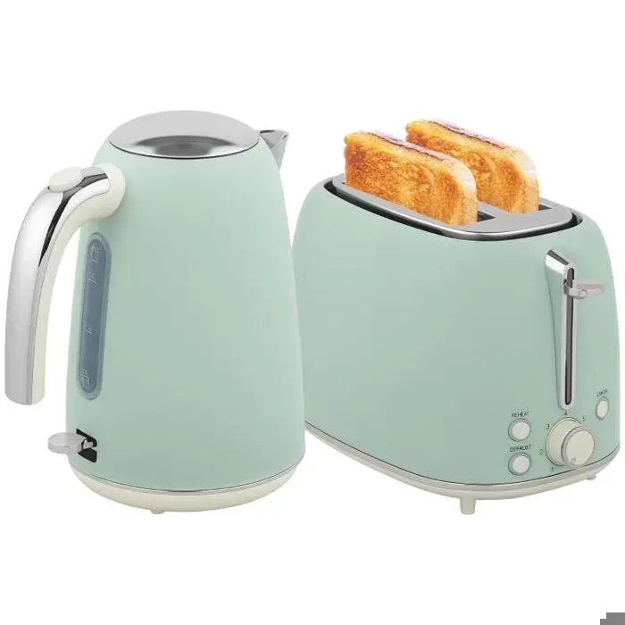 Ensemble Bouilloire 17L 2200W & Grille-Pain 2 Tranches Thermostat Strix 7 Niveaux de Brunissage Vert Clair