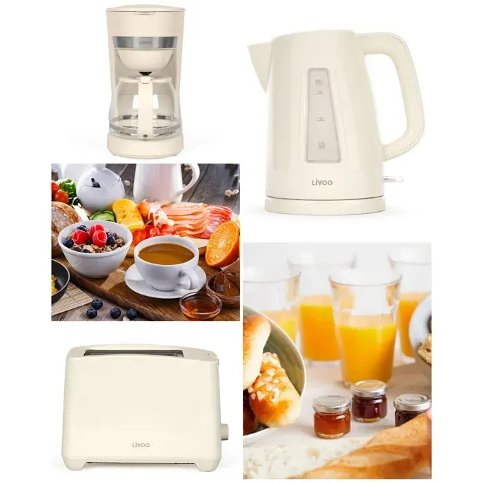 Ensemble bouilloire cafetière et grille-pain - LIVOO - 3-en-1 - 17 L - 2200 W - Beige