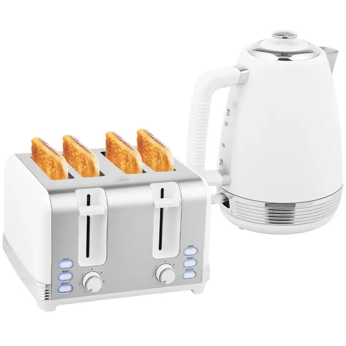 Ensemble bouilloire et grille-pain en inox 2200 W 17 L avec grille-pain 4 tranches7 niveaux de brunissagethermostat Strix blan