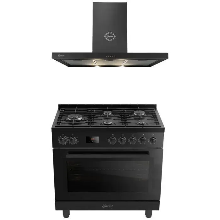 Ensemble Cuisinière gaz + hotte - GURARI - 90 cm - Four XXL 126 L - Air Fry & Chaleur tournante - Hotte 1000 m³/h — coloris Noire