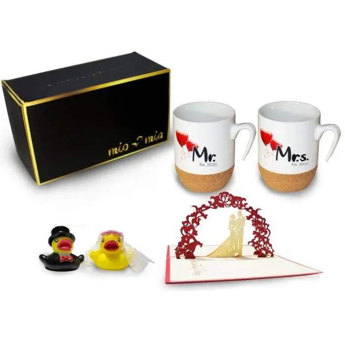 Ensemble de cadeaux de tasses à café - MIAMIO - Mr & Mrs - Liège - 300 ml - Carte de vœux & canards