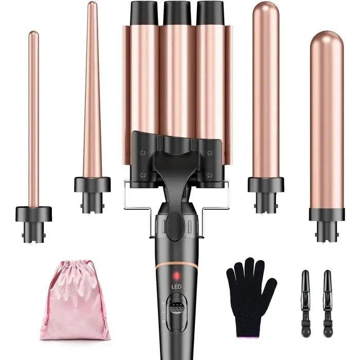 Ensemble de fer a friser 3 barils Fers a friser 5 en 1-BESTOPE PRO Grandes boucles Bigoudis en ceramique avec 2 clips