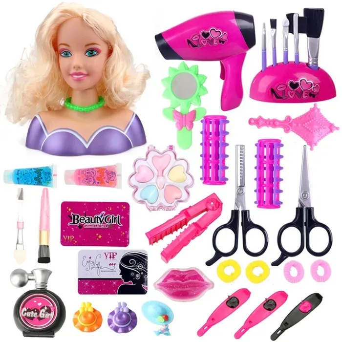 Ensemble de maquillage pour enfants coiffure poupée jouet de coiffure cadeau avec sèche-cheveux pour filles