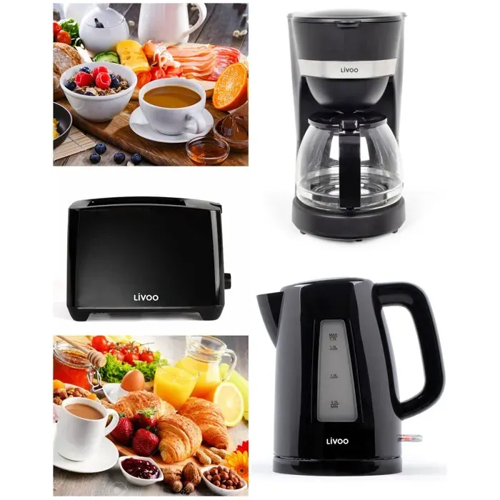 Ensemble électroménager 3-en-1 - LIVOO - Bouilloire/Grille‑pain/Cafetière - Bouilloire 17 L - 2200 W - Grille‑pain 2 fentes — coloris Noir
