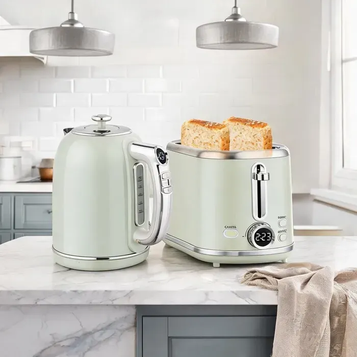 Ensemble élégant gris en acier inoxydable bouilloire 17 L 2200 W et grille-pain 2 tranches design rétro
