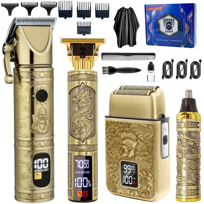 Ensemble LARGNER 4 en 1 : Tondeuse contour rasoir nez - Motif dragon doré écran numérique pour barbershop et soins personnels.