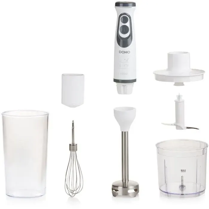 Ensemble Mixeur - DOMO - DO1089M - 600 W - Vitesse variable + Turbo - Mixeur plongeur fouet hachoir verre gradué - Blanc