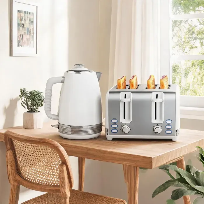 Ensemble petit-déjeuner bouilloire 17 L et grille-pain 4 tranches acier inoxydable et blanc