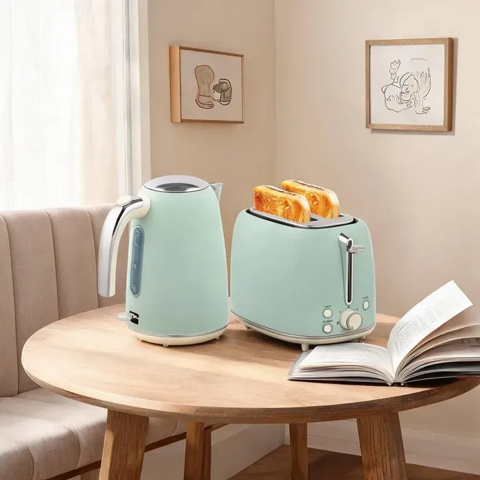 Ensemble petit-déjeuner en acier inoxydable vert: bouilloire 17 L 2200 W et grille-pain 2 tranches finition vert clair