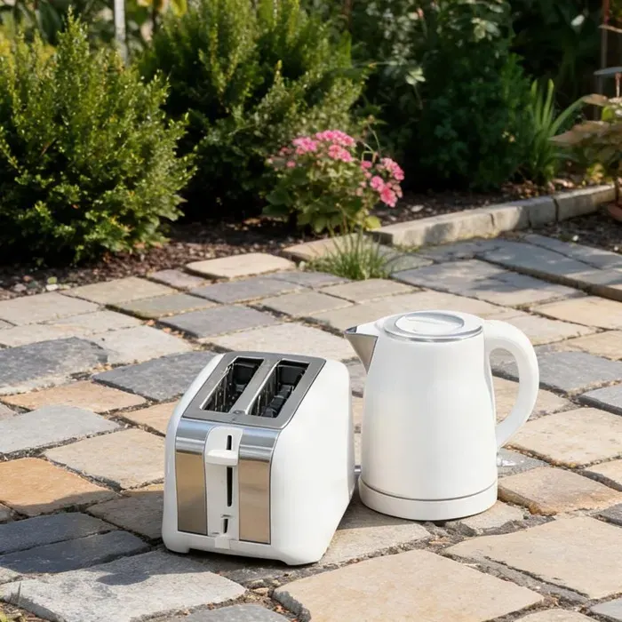 Ensemble petit-déjeuner famille 17 L – Bouilloire et grille-pain 2 tranches acier inoxydable finition mate et effet bois blanc