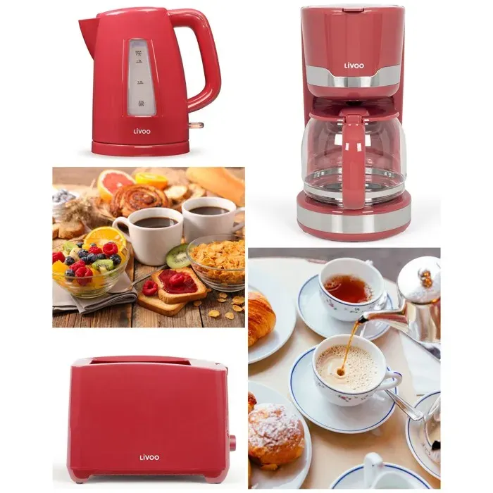 Ensemble petit électroménager - LIVOO - Ensemble - Bouilloire 17L 2200W - Cafetière 15L - Grille-pain 2 fentes 750W — coloris Rouge