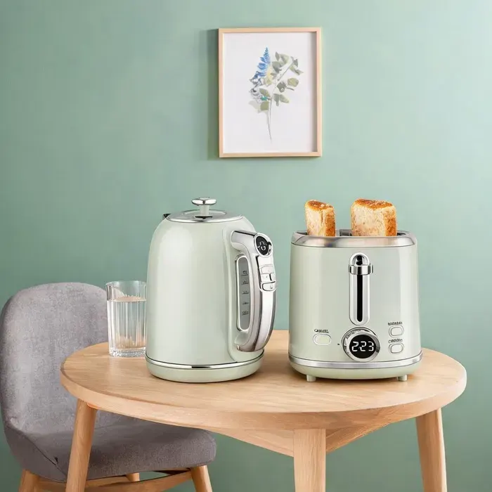Ensemble rétro gris en acier inoxydable – Bouilloire 17 L 2200 W et grille-pain 2 tranches 6 niveaux