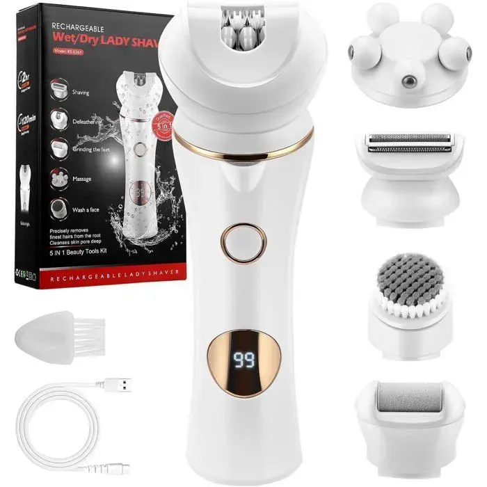 Épilateur 6 en 1 pour femme - Sans fil - Avec lumière LED - Humide et sec - Étanchéité IPX7 - 90 minutes - Or rose Femeo