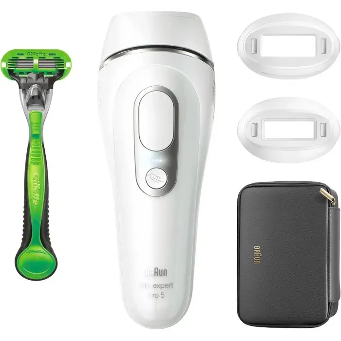 Épilateur À Lumière Pulsée - BRAUN - Silk·expert Pro 5 Blanc- Épilation à la maison - Pochette - Rasoir Venus- 2 Têtes - PL5152