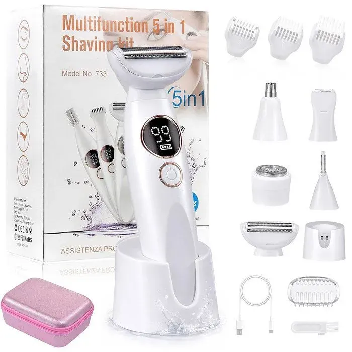 Epilateur Electrique 5 en 1Rasoir Electrique FemmeIPX7 Etanche6800 tr/min5 Têtes AcierVisage/Bras/Jambes/AissellesSac EVA