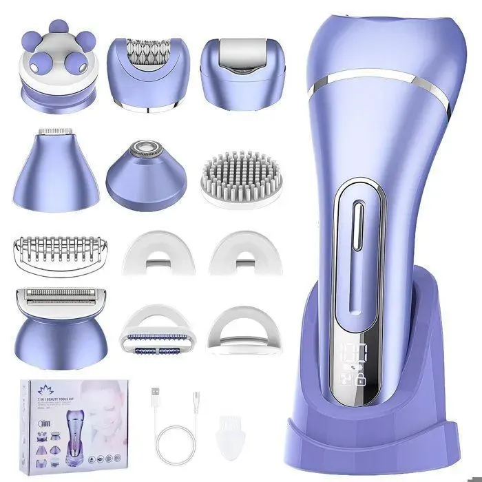 Épilateur Électrique Femme 7 en 1 – IPX7 Étanche USB Rechargeable 2 Vitesses – Pour Visage Bras Jambes Aisselles Maillot