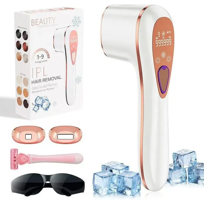 Épilateur Lumière Pulsée avec Fonction de Refroidissement IPL Epilateur Laser avec Fonctions HR/SC/RA9 Niveaux Dénergie Laser