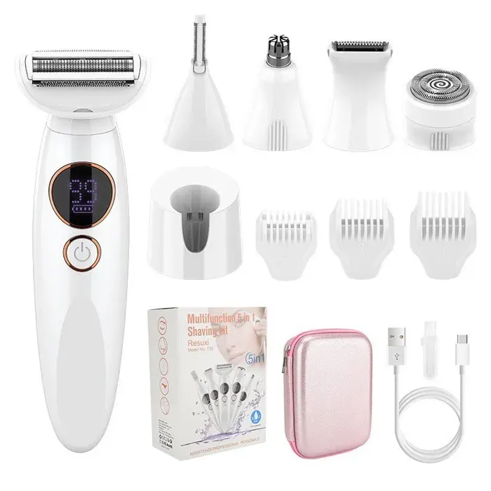 Épilateur pour femme rasoir corporel et épilateur facial 5 en 1 étanche IPX7 avec base de chargement USB et écran LED