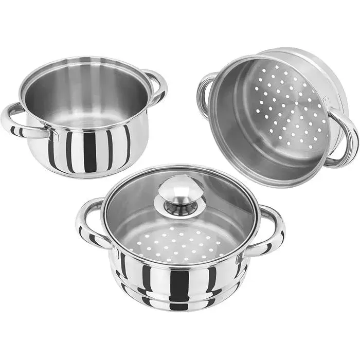 Essential Cuiseur vapeur à 3 étages en acier inoxydable Base thermique et couvercle en verre ventilé 16 cm CUISEUR A VAPEUR
