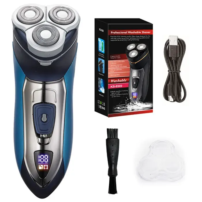 étanche IPX7 Rasoir Electrique Homme Rasoir 3D Rechargeable Lavable Sans Fil avec 3 Têtes Rotatives voyage