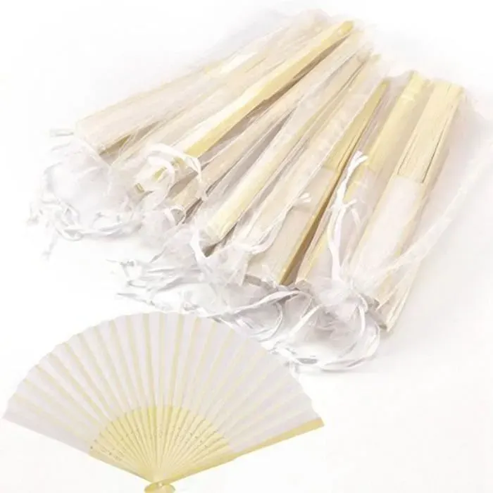 Eventail en soie - Personnalisé - 100 pièces - Mariage - Sac cadeau en organza - Blanc blanc