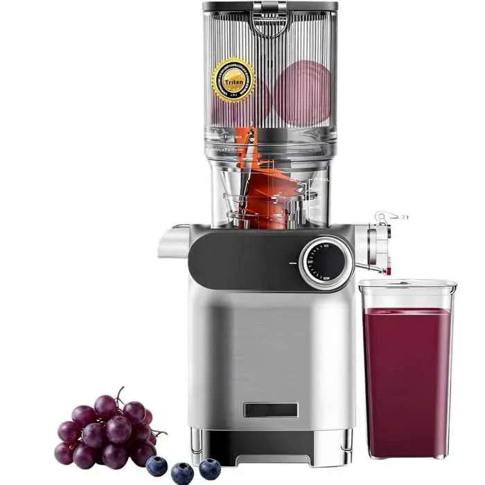 Extracteur de Jus 200W Goulotte XXL 108mm 65tr/min Technologie Slow Juicer Filtre Inox Matériau Tritan Nettoyage Facile