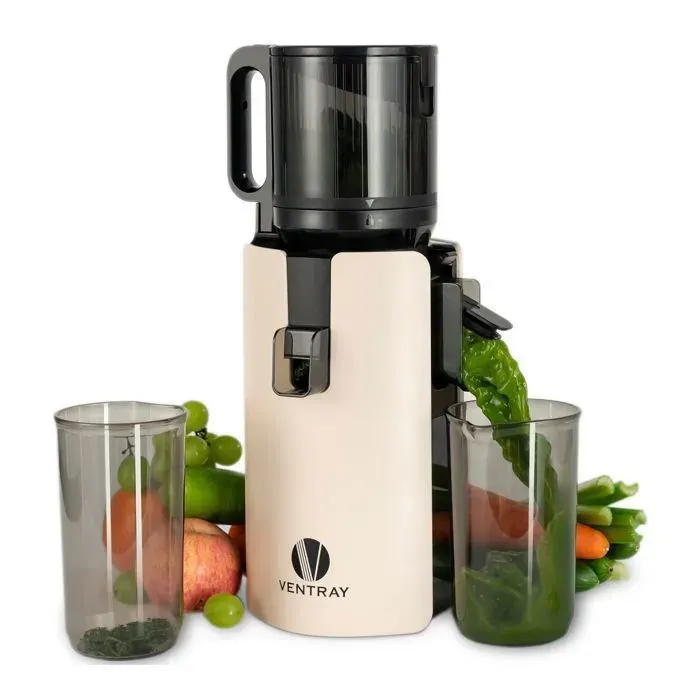 Extracteur de jus à froid - VENTRAY - 250W pour Fruits et Légumes - Goulotte 120mm - 1.2L - Nettoyage Facile - Ivoire