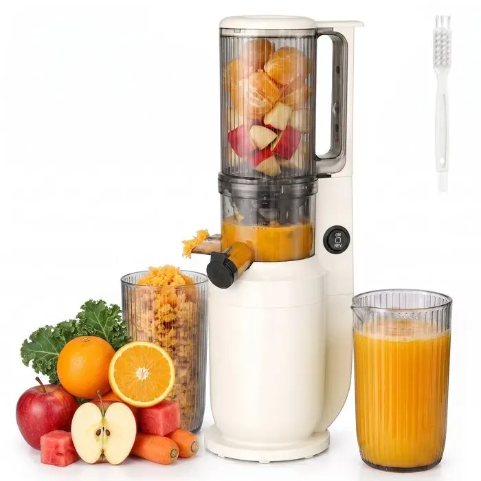 Extracteur de Jus de Fruits et Légumes 200W 82mm Machine à Jus Lent 99% Pureté du Jus Sans BPA Nettoyage rapide & Brosse Blanc