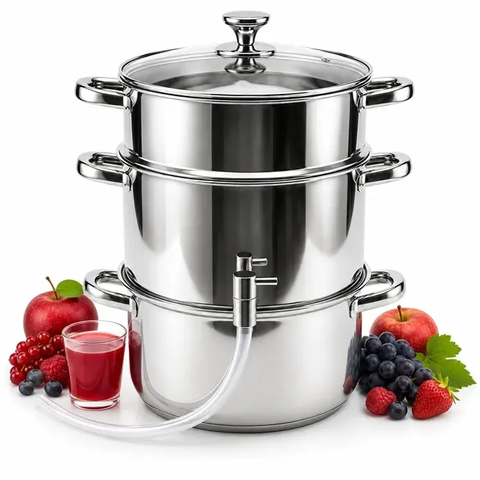 Extracteur de jus vapeur - 8 L - Compatible induction - Avec robinet - 3 niveaux - Acier inoxydable - Couvercle en verre - Argenté