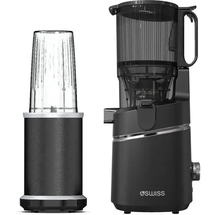 Extracteur de Jus Vertical 4Swiss WB025 - Goulot XXL 13cm - 37 tr/min - 250W - Silencieux - Nettoyage Facile - Sans BPA - Graphite