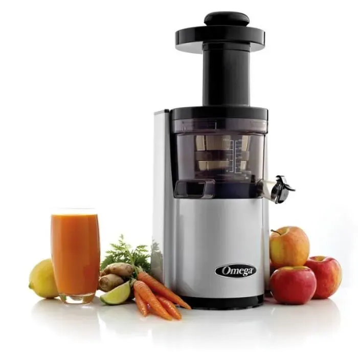 Extracteur de jus vertical OMEGA VSJ843 - 150W - 43 tours/min - Tamis fin et à gros trous - Double hélice - Gris