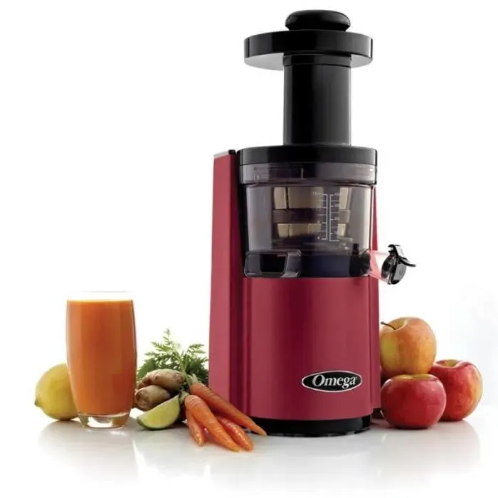Extracteur de jus vertical OMEGA VSJ843 - Rouge - 150W - Tamis fin et à gros trous - Vis unique à double hélice