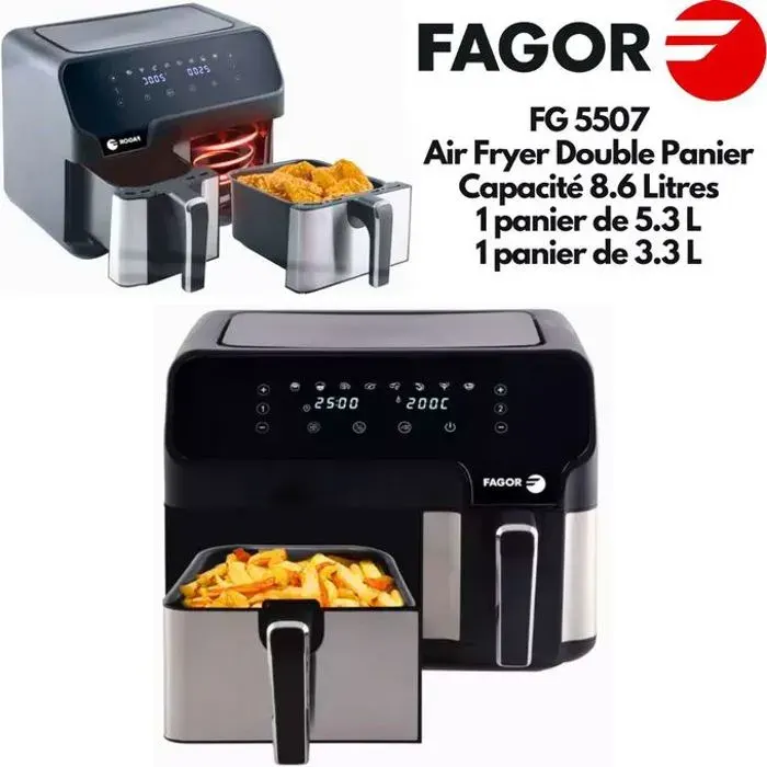 Fagor FG5507 Friteuse Double Panier Digital Capacité 8.6 Litres Air Fryer Double compartiment 8 Pré réglages 1500W