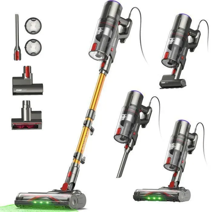 FAMIVAC FY2 - Aspirateur Balai Avec Fil - 200 AW/78 kPa/600 W - Câble Long 7 m (Couvrant 150 ㎡) - Capacité 15 L - Autoportant
