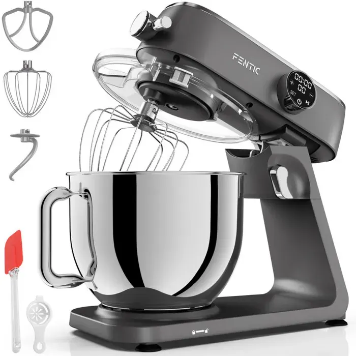 Fentic Robot Pâtissier 1800W – Bol Inox 7L – 10 Vitesses + Timer – Boîtier Alu – Crochet Fouet Palette – Anthracite