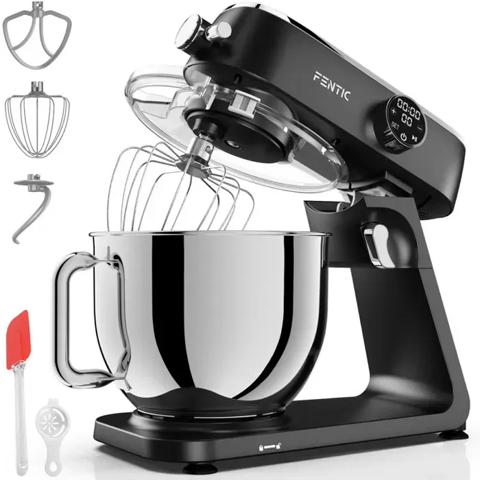 Fentic Robot Pâtissier 1800W – Bol Inox 7L – 10 Vitesses + Timer – Boîtier Alu – Crochet Fouet Palette – Noir