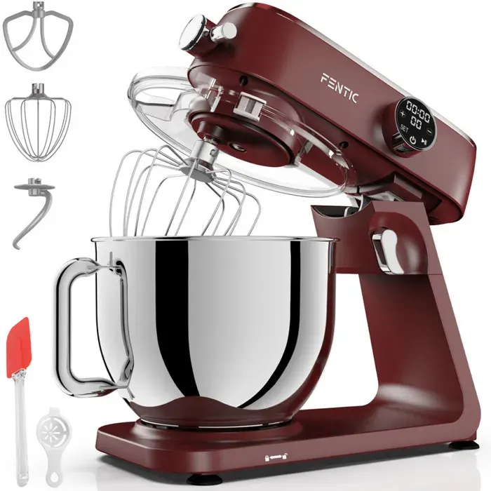 Fentic Robot Pâtissier 1800W – Bol Inox 7L – 10 Vitesses + Timer – Boîtier Alu – Crochet Fouet Palette – Rouge