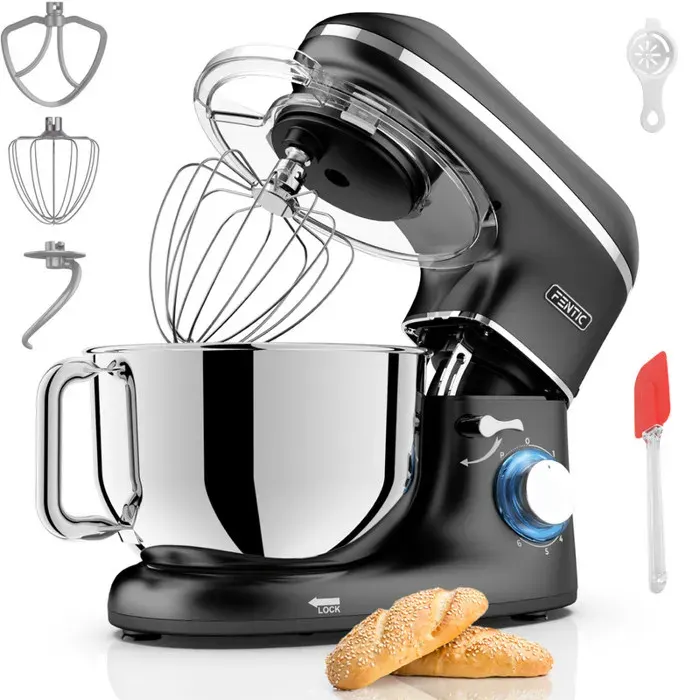 Fentic Robot Pâtissier 2000W – Bol Inox 62L – 6 Vitesses + Pulse – Crochet Fouet Palette – Couvercle Anti-Projection – Noir