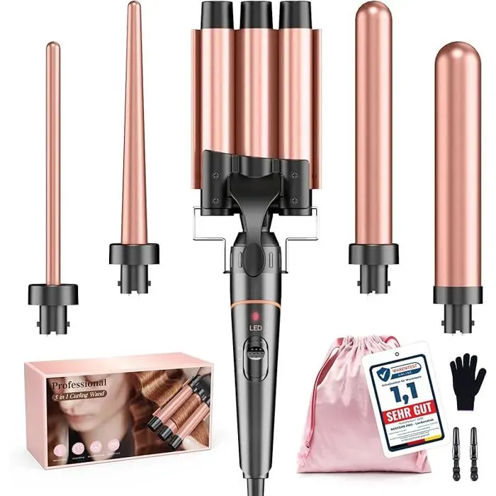 Fer à 5 en 1 PRO 3 barils céramique pour boucles et ondutionschauffe rapide2 températuresgant Or Rose rose FER A FRISER
