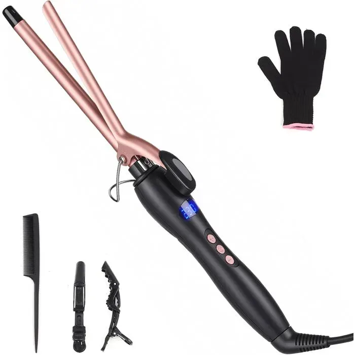 Fer à boucler 13 mm à pince écran LCD 130–210°C céramique ondulations naturelles avec gant