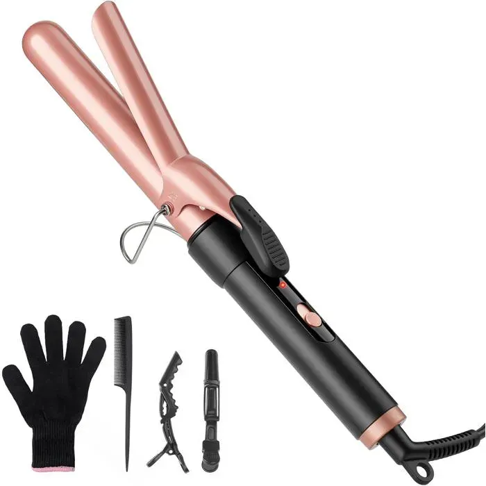 Fer à boucler 25 mm céramique température réglable double tension boucles naturelles pour cheveux longs et moyens avec gant